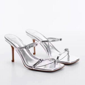 NEW Mango chrome metallic silver strappy sandal stiletto heels, US women size 6